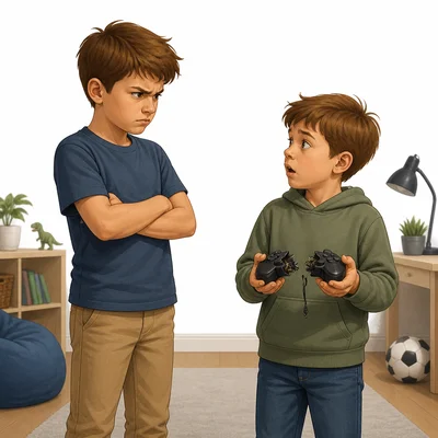 One brother looks angry while the other holds a broken object.