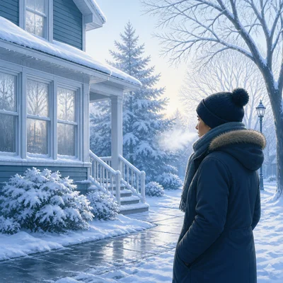A snowy winter morning with frost, bundled clothing, and visible breath.
