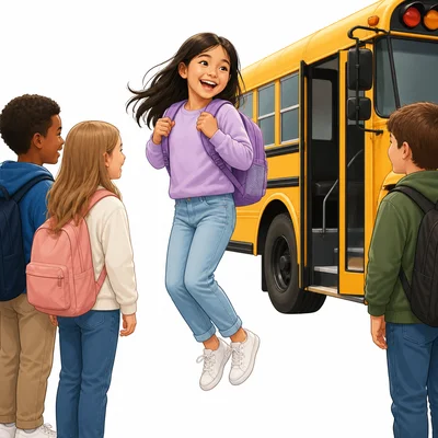 A student looks excited while getting ready for a field trip.