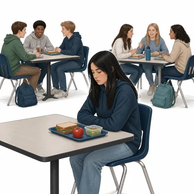 A student sits alone in a busy school cafeteria.