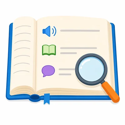 An open dictionary with icons showing parts of a word entry.