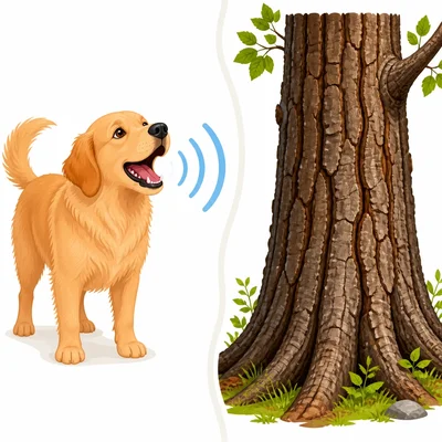 A dog barking beside a tree trunk with rough bark.