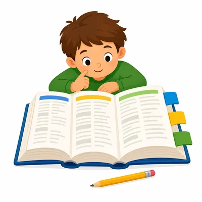 A child searches an open dictionary with a pencil nearby.