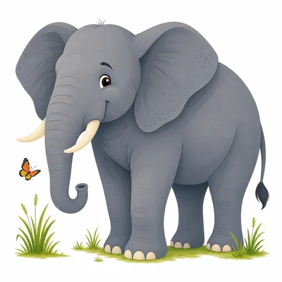 A very large friendly elephant standing near a tiny butterfly.