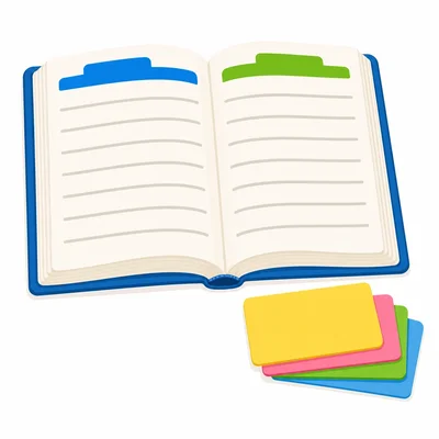 An open dictionary with guide-word markers and blank word cards.