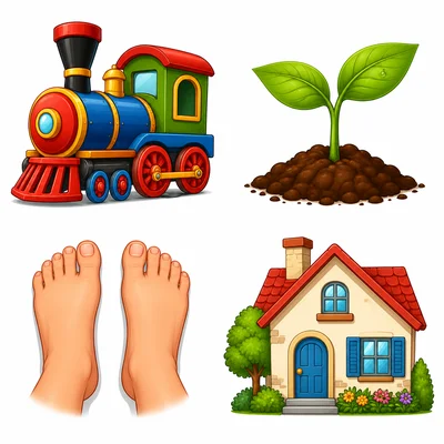 A train, soil with a sprout, feet, and a house.