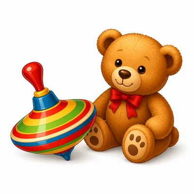A colorful toy top and teddy bear.