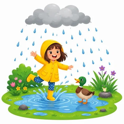 Rain falling from a cloud onto grass and a puddle.