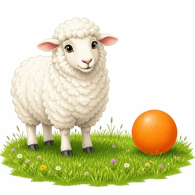 A sheep standing near a round ball.