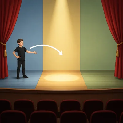 A stage diagram showing an actor moving from the side of the stage to the center.