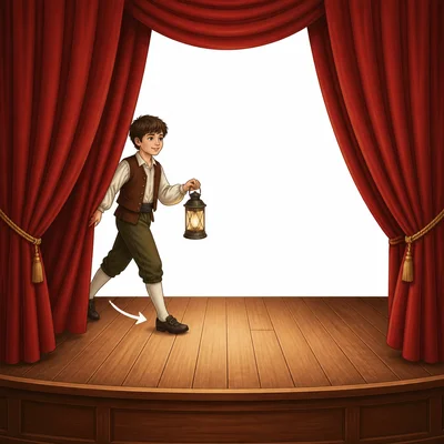 An actor carrying a lantern steps from behind a curtain onto a stage.