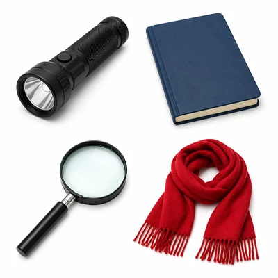 Four props are shown: a flashlight, notebook, magnifying glass, and red scarf.