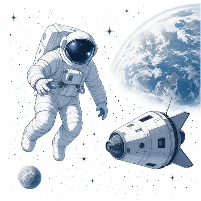 An astronaut floating in space near stars and a planet.