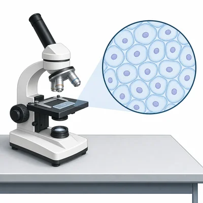 A microscope examining a slide with magnified tiny cells.