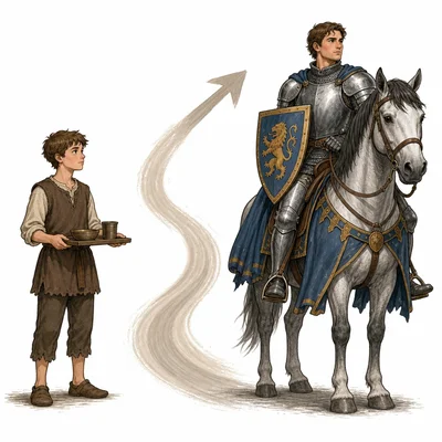 A medieval servant boy shown changing into a mounted knight over time.