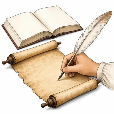A hand writing on parchment with a quill beside an open book.