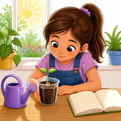 A girl cares for a sprouting bean plant by a sunny window.