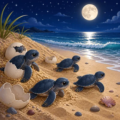 Baby sea turtles hatch on a beach and crawl toward the ocean.