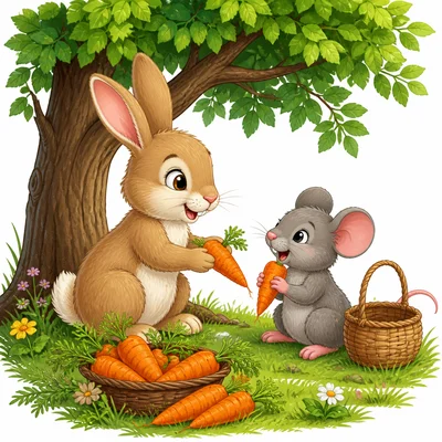 Rabbit shares carrots with Mouse under a tree.
