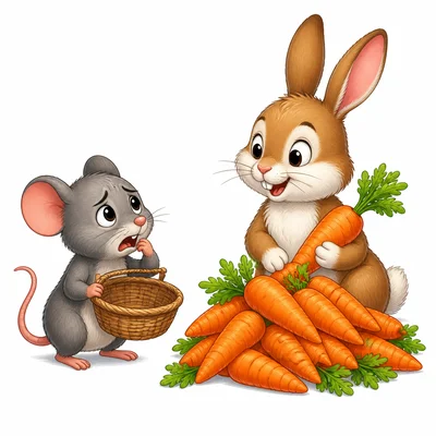 Mouse looks hungry with an empty basket near Rabbit’s carrots.