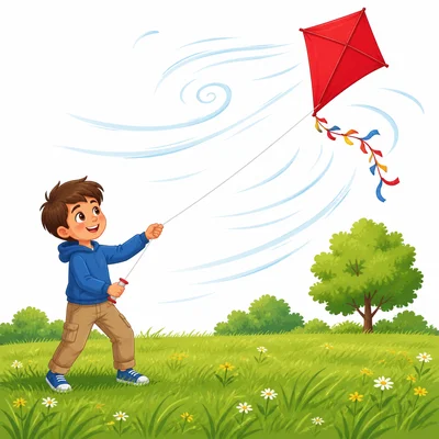Wind pushes a kite while a child controls it with a string.