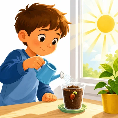 A child waters a seed cup near a sunny window.