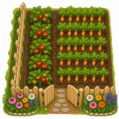 A garden map shows carrots beside tomatoes near a fence.