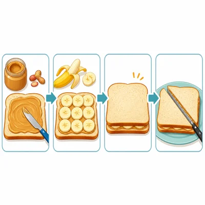 Pictures show the steps for making a peanut butter and banana sandwich.