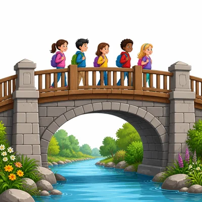 Students safely walk across a strong bridge.