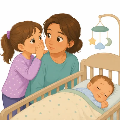 A child whispers near a sleeping baby.