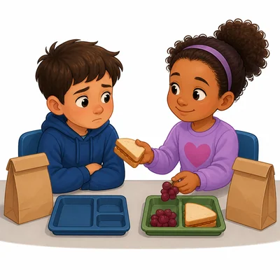 A friend shares lunch with a child who forgot food.