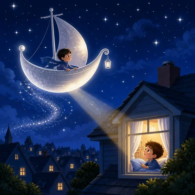 The moon looks like a silver boat above rooftops.
