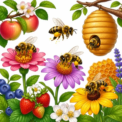 Bees visit flowers, carry pollen, and make honey.