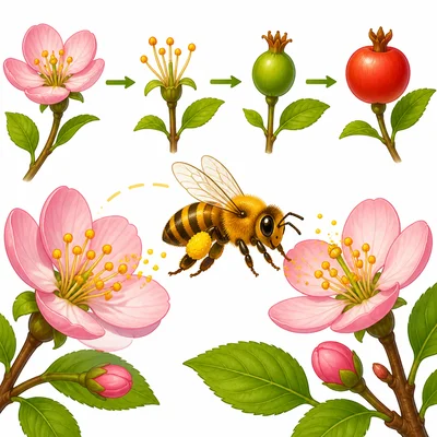 A bee carries pollen between flowers to help plants make fruit.