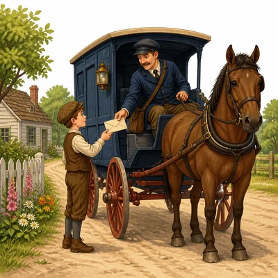 A boy receives a letter from an old-fashioned mail wagon.