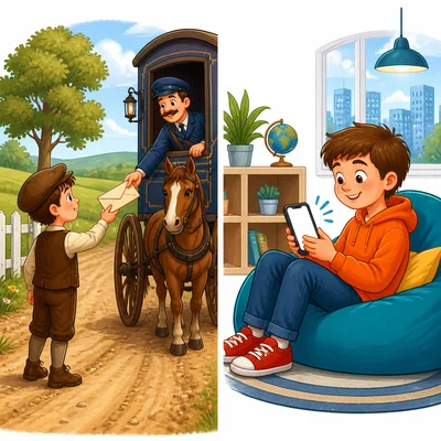 Old mail delivery is compared with modern phone messaging.