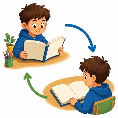 A child reads the same book page again.