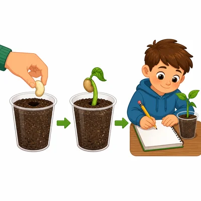 Three pictures show planting a seed, a sprout growing, and writing in a journal.