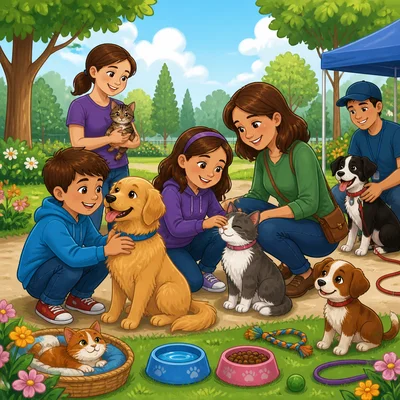 A child and adult meet cats and dogs at a pet adoption event.