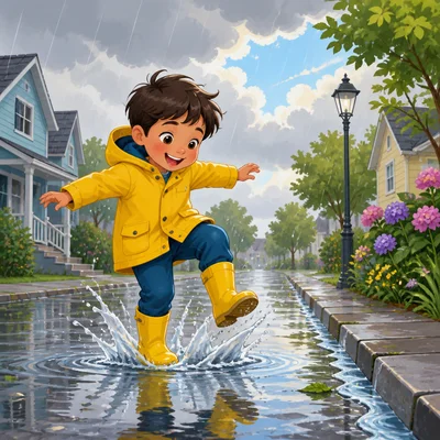 A happy child in yellow boots splashes in the rain.