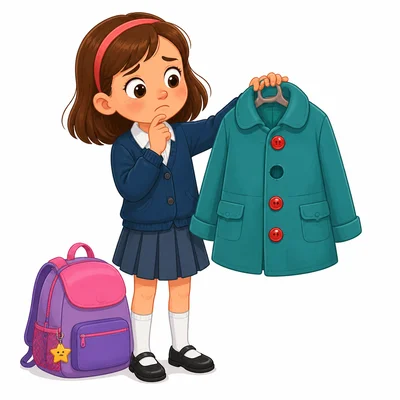 A girl notices a missing red button on her coat.