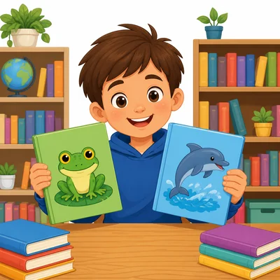 A child chooses books about a frog and a dolphin.