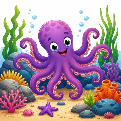 An octopus swims underwater among rocks and sea plants.