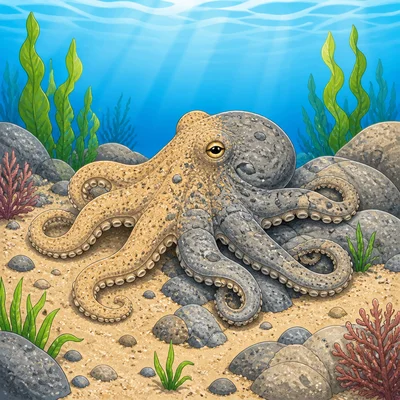 An octopus blends in with rocks and sand.