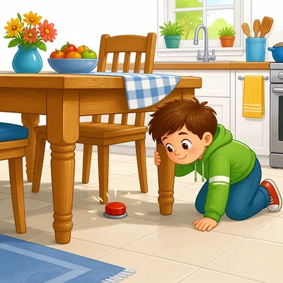 A red button lies under a kitchen table.