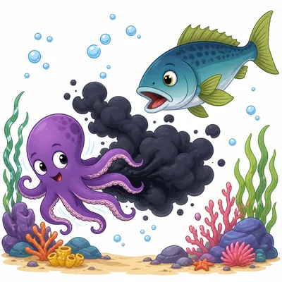 An octopus releases ink to escape a fish.