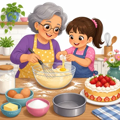 A child and grandparent bake a strawberry-topped cake.
