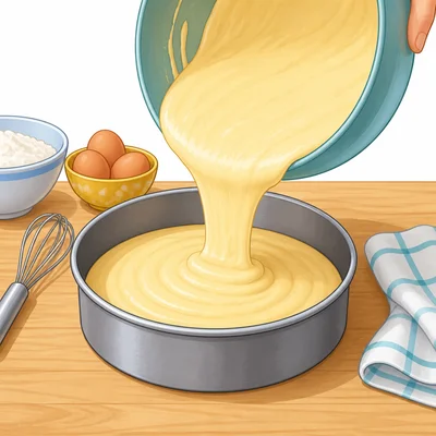Batter is poured into a round cake pan.