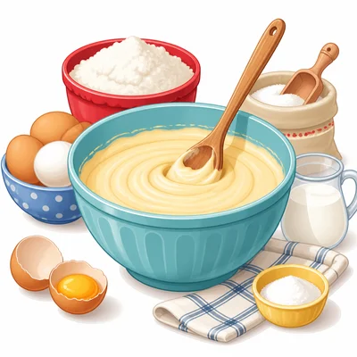 Cake batter is stirred in a mixing bowl.