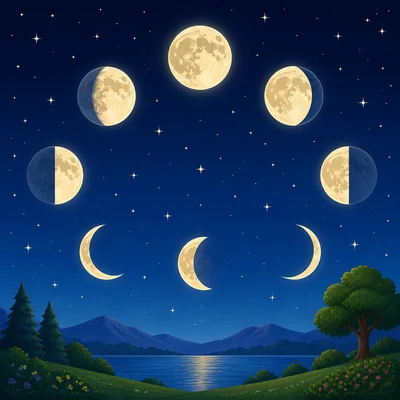 The moon appears in different shapes in the night sky.